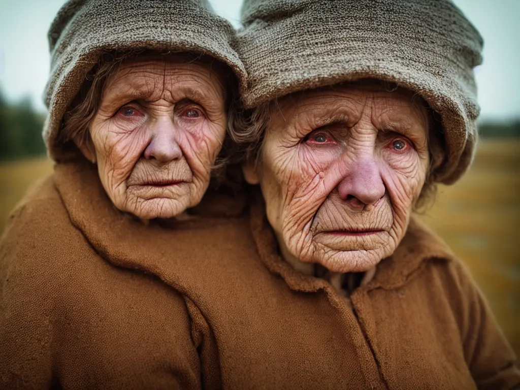Image similar to close up portrait bust of old woman sitting on fence, tired expression, faded color film, russian cinema, tarkovsky, technicolor, heavy forest, wood cabin in distance, shallow depth of field, long brown hair, old clothing, heavy fog, brown color palette, sunset, low light, hudson river school, 4 k, dramatic lighting