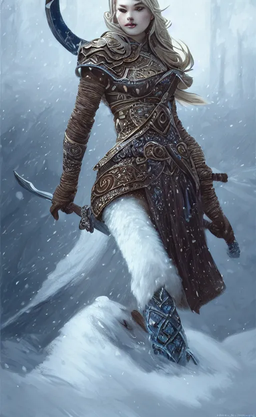 Image similar to azure viking warrior, regal, elegant, winter, snow, beautiful, stunning, hd, illustration, epic, d & d, fantasy, intricate, elegant, highly detailed, wide angle, digital painting, artstation, concept art, smooth, sharp focus, illustration, wallpaper, art by artgerm and greg rutkowski and alphonse mucha and jin xiaodi