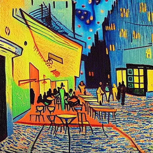 Image similar to “a sunlit cafe in Tel Aviv, busy, happy, in the style of Vincent Van Gogh”