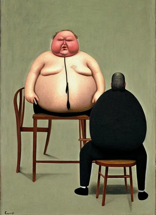 Image similar to fat man sitting on chair, sweat, fat, frustrated, art by gertrude abercrombie