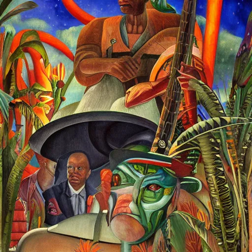 Prompt: high quality, high detail painting, dutch masterpiece, darryl mccray, film noir, diego rivera, high garden scene with quetzalcoatl at night, hd, muted lighting