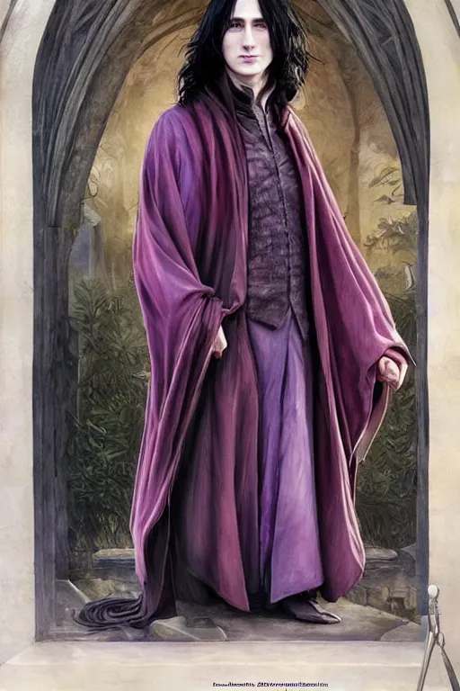 Prompt: breathtaking detailed painting of young severus snape with long cloak in an amethyst tower, by laura sava, intricate cloak of sunlight mists, piercing eyes, detailed realistic facial features, 8 k, concept art, matte, sharp focus, rembrandt style