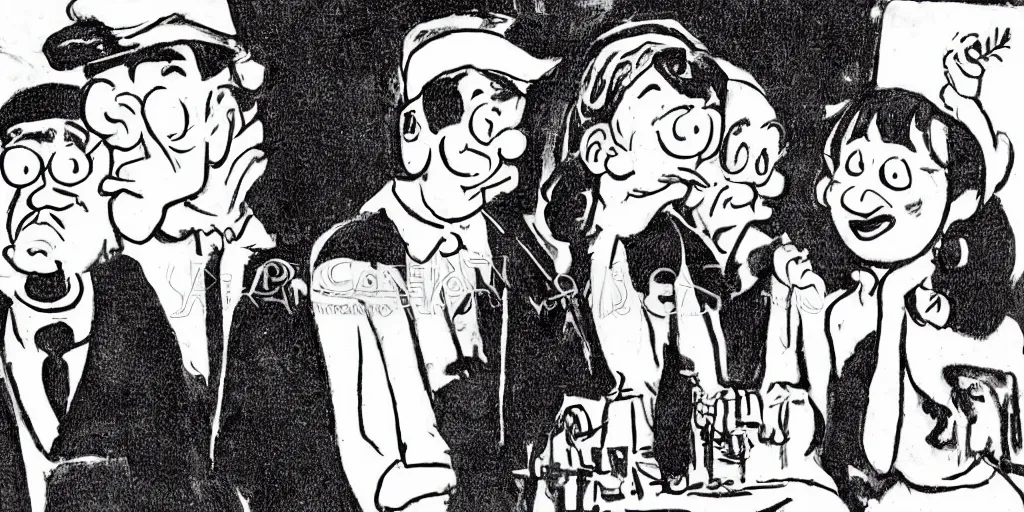 Prompt: cartoon illustration of Olive Oyl (popeye's girlfriend) with isacc newton and john lennon at a wake