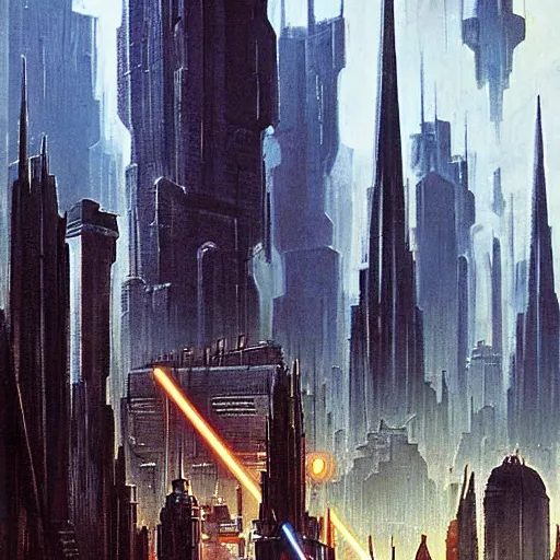 Prompt: dystopian evil cyberpunk cityscape, giant spires and buildings, 1 9 7 0 s star wars concept art painting