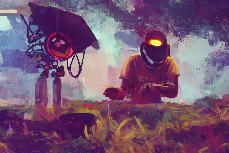 Image similar to a black kid playing with a futuristic robot in the nature, mixing solarpunk, afropunk, cyberpunk, ( ( ( ( volumetric light ) ) ) ), high angle, part by pearl fryar, part by prince damah, sunny day, trending on artstation, cinematic view, illustration, painting.