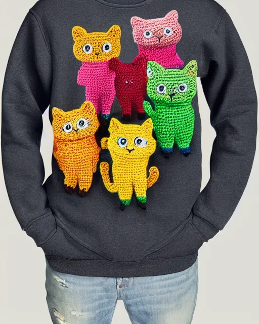 Prompt: a sweatshirt with multicolored crocheted cats on the front, catalogue photo,