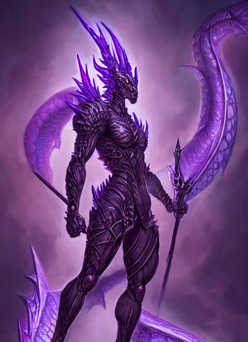 Image similar to muscular and tall purple ghostly fire humanoid dragon!!!! draconian!! intricate ornate iridescent heavy armor!! character concept art, sharp focus, octane render! unreal engine 5! highly rendered!! trending on artstation!! detailed linework!! illustration by artgerm, wlop, and chie yoshii