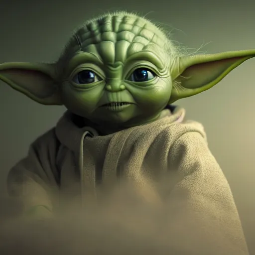 Image similar to full body pose, hyperrealistic photograph of female baby yoda, dim volumetric lighting, 8 k, octane beautifully detailed render, extremely hyper detailed, intricate, epic composition, cinematic lighting, masterpiece, trending on artstation, very very detailed, stunning, hdr, smooth, sharp focus, high resolution, award, winning photo, dslr, 5 0 mm