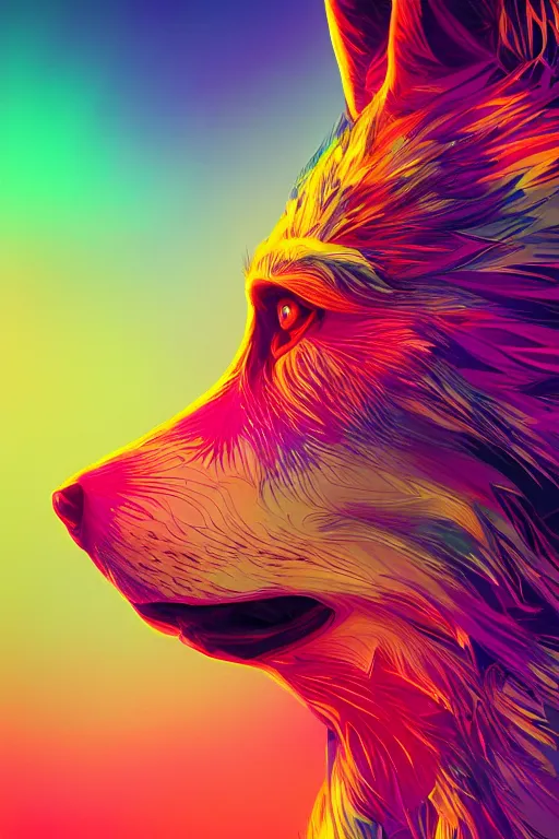 Image similar to psychedelic close-up shot from below of a wolf with style and swagger, clear dark background, object spotlight, octane render, HD, 8k, hyper realism, beautiful color pallet, epic, synthwave art style