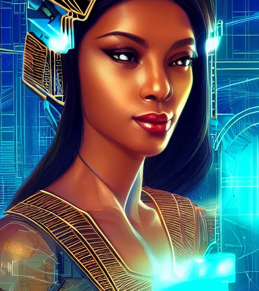 Image similar to symmetry!! egyptian princess of technology, solid cube of light, hard edges, product render retro - futuristic poster scifi, lasers and neon circuits, brown skin woman egyptian princess, intricate, elegant, highly detailed, digital painting, artstation, concept art, smooth, sharp focus, illustration, dreamlike, art by artgerm