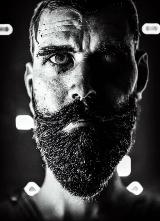 Image similar to 6 5 mm film still masterpiece portrait photo of a bearded man, sci - fi, techwear, biotech, cyberpunk, blade runner, cyborg, grainy, withered, worn, glowing lights, 4 k, sharp focus, intricate by artgerm