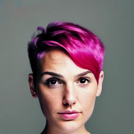 Prompt: portrait of a beautiful pouting 20-year-old Gal Gadot pink pixie cut hair by Mario Testino, headshot, detailed, award winning, Sony a7R