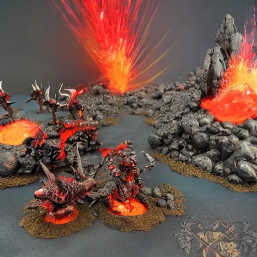 Prompt: volcano landscape with khorne berserk fighting