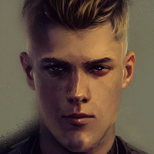 Prompt: Portrait of a man by Greg Rutkowski, he is about 20 years old, norwegian, short blond quiff hair, young, manly, attractive, strong, older brother vibes, he is wearing futuristic military fatigues, highly detailed portrait, scifi, digital painting, artstation, concept art, smooth, sharp foccus ilustration, Artstation HQ