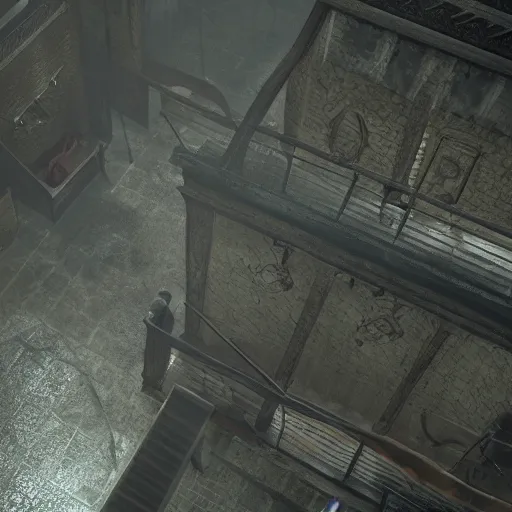 Image similar to playstation 5 screenshot of silent hill, overhead view, realistic, intricate detail