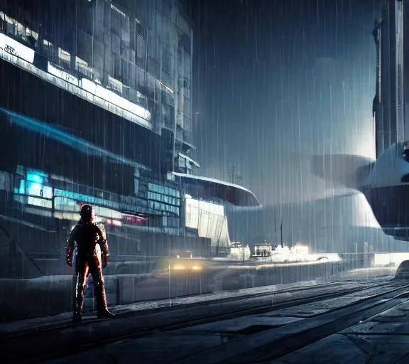 Image similar to man waits for futuristic sci fi jet landed at runway of cyberpunk city, night photo ,dark cinematic lighting , digital concept art