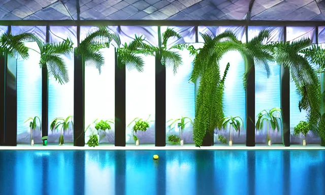 Prompt: 3d render of indoor pool with ferns and palm trees, pool tubes, chromatic abberation, dramatic lighting, depth of field, 80s photo