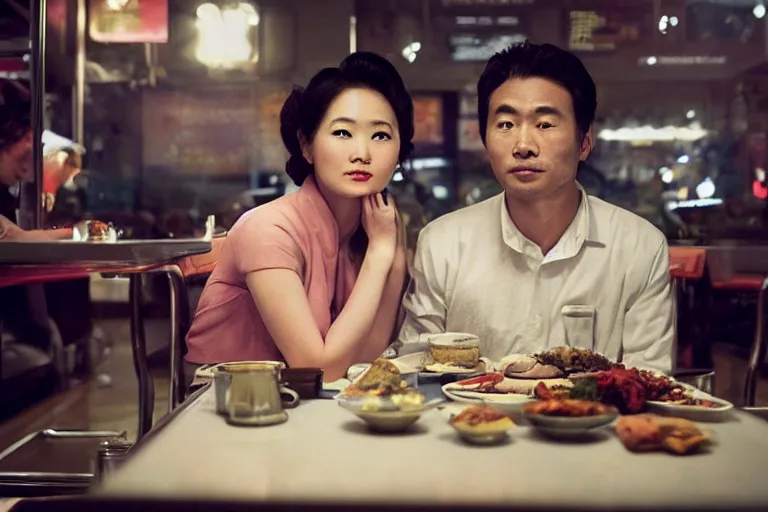 Image similar to movie interior closeup beautiful Asian couple closeup sitting at 50s diner, night in the city, beautiful skin, by Emmanuel Lubezki