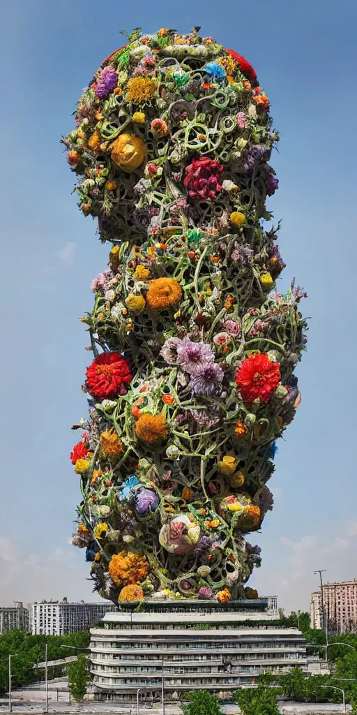 Image similar to colossal grotesque flower made from best unfulfilled mankind projects in the middle of abandoned post soviet constructivist cityscape, Stalinist architecture, ultradetailed, Intricate by Hayao Miyazaki and Josan Gonzalez and Makoto Shinkai and Giuseppe Arcimboldo and Wes Anderson