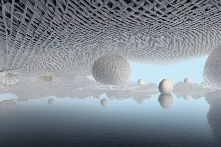 Image similar to a building interior formed by the intersection and fusion of many multi white spherical egg shaped spaces, on the calm lake surface, people's perspective award winning, highly detailed 4 k art, dusk, unreal engine highly rendered, global illumination, radial light, internal environment by kazuyo sejima