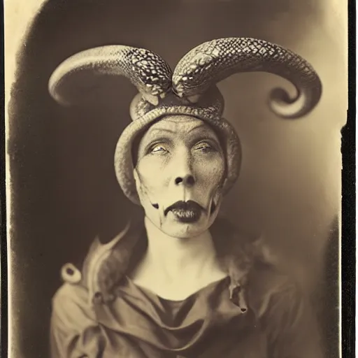 Image similar to a wet plate photo of a boa constrictor!!!! snake!!!!!!!!!!!!! wearing a tiny jester hat : : 5 h 7 6 0