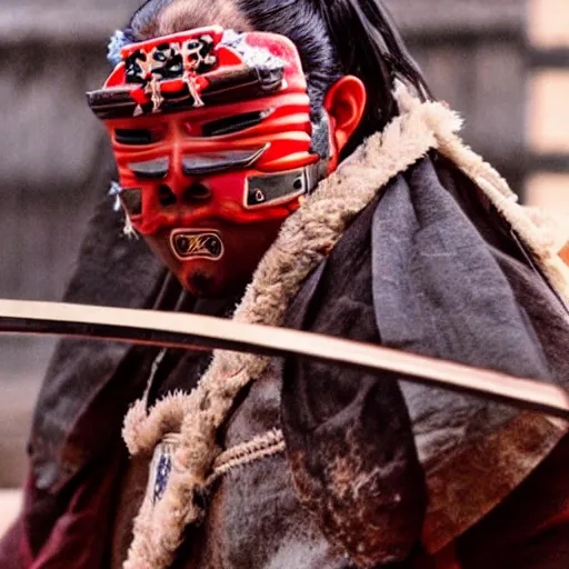 Image similar to big buff strong very buff samurai wearing an oni mask, movie still