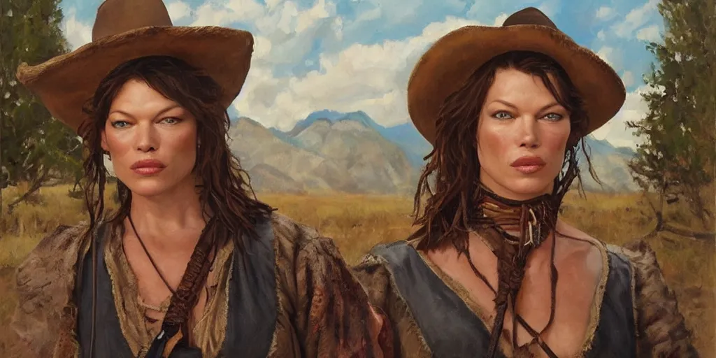 Prompt: oil painting portrait of beautiful Mila Jovovich as a frontier woman in a busy old west main street