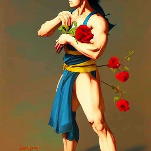 Prompt: Vega from street fighter holding a rose, in the style of Frederic Remington, artstation, claw