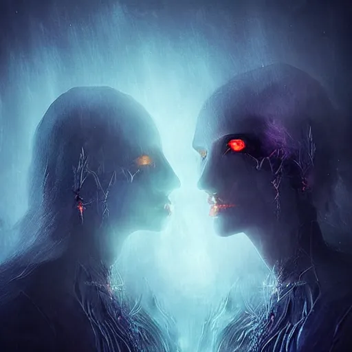 Prompt: magically evil Double exposure dark sorcery art of the amazing beautiful wraiths fantasy art tells story Extremely amazing lighting and colors that are incredible Veli Nyström