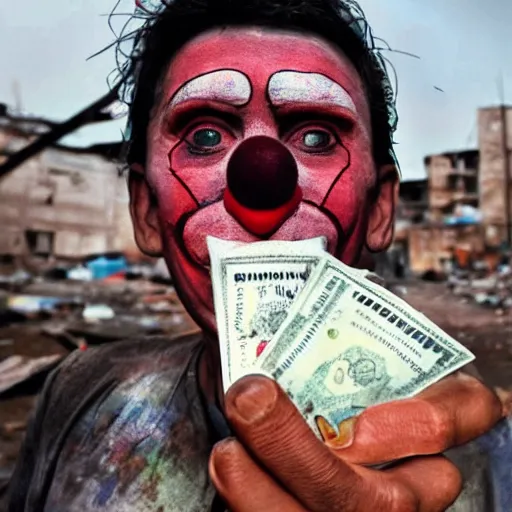 Prompt: A poor clown holding a giant dollar banknote, background is a slum, cinematic, epic, highly-detailed