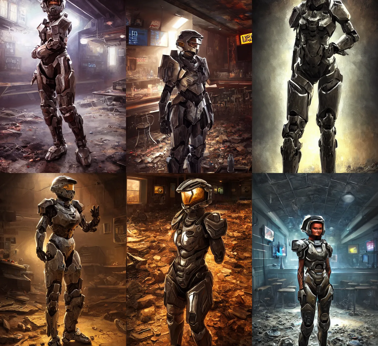 Prompt: hyper detailed ultra sharp full body character portrait of a woman wearing halo armor standing in a destroyed dive bar, with a realistically proportioned face, cinematic lighting, good value control, smooth, realistic shading, realistic face details, smooth, highly detailed, digital painting, painted texture maps, illustration, concept art, painted texture maps, substance painter