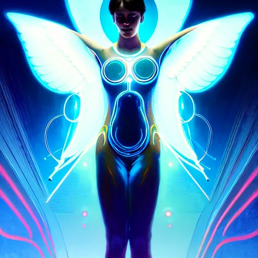 Image similar to tron angel, psychedelic lsd, diffuse lighting, hyper realistic, elegant, intricate, hyper detailed, smooth, sharp focus, concept art, illustration, trending on artstation, art by greg rutkowski and james gurney and alphonse mucha