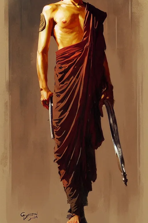 Image similar to buddhism, guard, male, painting by greg rutkowski, j. c. leyendecker, artgerm