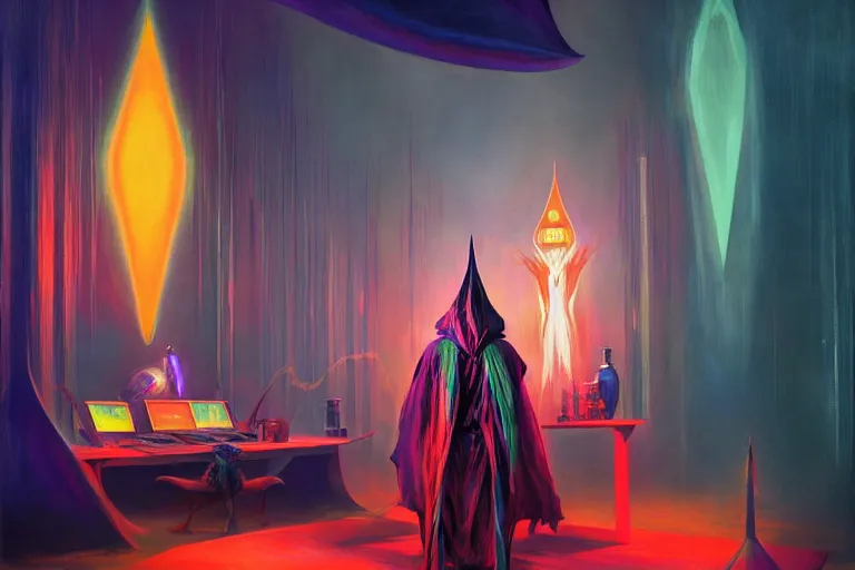 Image similar to A beautiful masterpiece painting of a technomancer wizard in robes with pointed hood discussing sentience with his synthesized Al djinn in his laboratory near a computer (by Remedios Varo and Anato Finnstark and Greg Rutkowski), (dayglo pink, dayglo blue, dazzle camouflage), 8k, trending on ArtStation