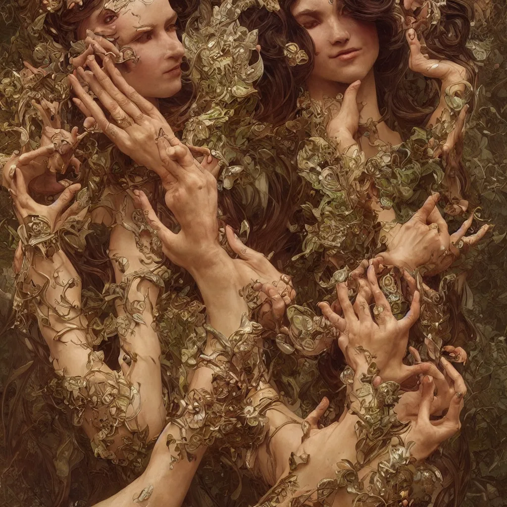 Image similar to too many hands, gnarled, so many hands, fingers, weird amount of hands, fantasy, intricate, elegant, highly detailed, digital painting, artstation, concept art, smooth, sharp focus, illustration, art by artgerm and greg rutkowski and alphonse mucha