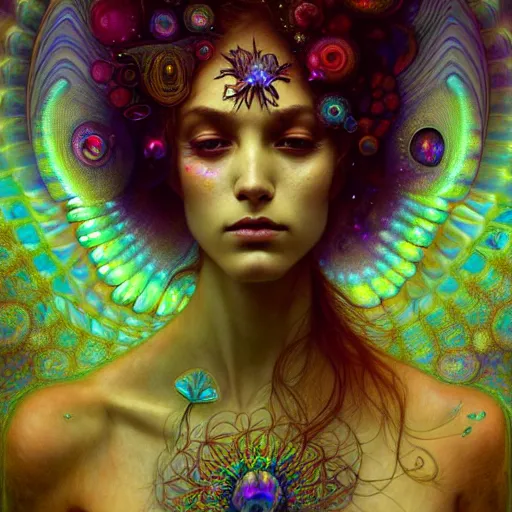 Image similar to An extremely psychedelic crystalline soul fairy, surreal, dramatic lighting, magic mushrooms, psilocybin, LSD, face, detailed, intricate, elegant, lithe, highly detailed, digital painting, artstation, concept art, smooth, sharp focus, illustration, art by Krenz Cushart and Artem Demura and alphonse mucha