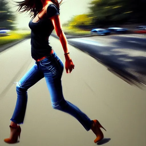 Image similar to pretty women dodging a moving car, photorealistic, in the style of greg rutkowski, detailed face, full body