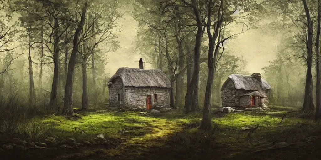 Image similar to a painting of a cottage in the woods and empty woods, 8k, fantasy, hyper realistic, atmospheric, cinematic