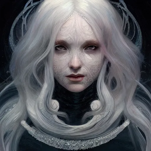 Prompt: ghost maiden, non-binary, white hair, long hair, gorgeous, amazing, elegant, intricate, highly detailed, digital painting, artstation, concept art, sharp focus, illustration, art by artgerm and greg rutkowski and alphonse mucha