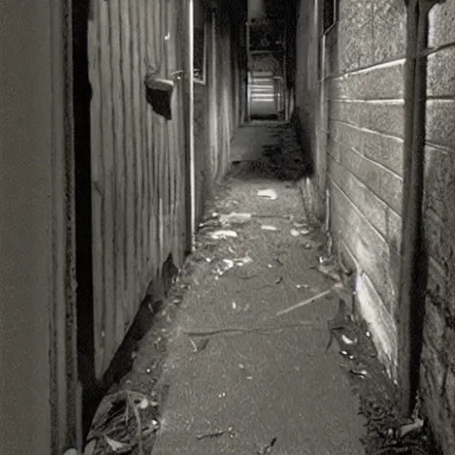 Image similar to creepy monster hiding in alleyway. found footage.