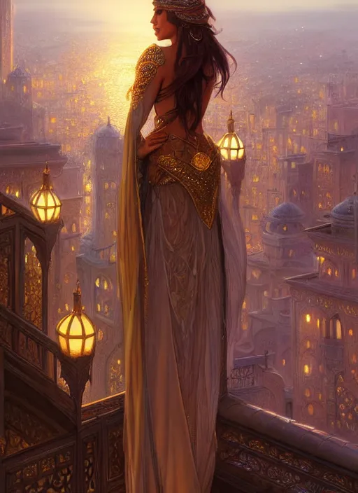 Prompt: an arabian princess looking over her city at night in the rain, shiny, fantasy, intricate, elegant, hyper detailed, ultra definition, photoreal, artstation, unreal engine rendered, concept art, smooth, sharp focus, illustration, art by artgerm and greg rutkowski and alphonse mucha and garis edelweiss