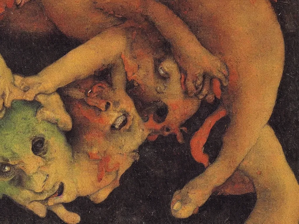 Prompt: Close up of a small devil taking the soul from the chest of a dead man. Painting by Lucas Cranach, Odilon Redon