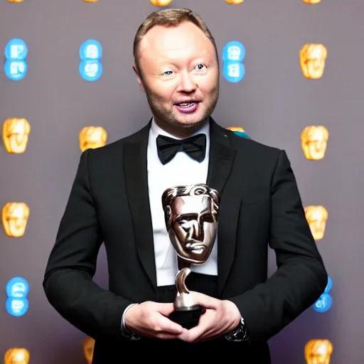 Image similar to limmy brian limond holding bafta award, realistic, long shot, dramatic lighting, hyper realistic, high quality, highly detailed, hd, beautiful, cinematic, 8 k, facial accuracy, symmetrical,