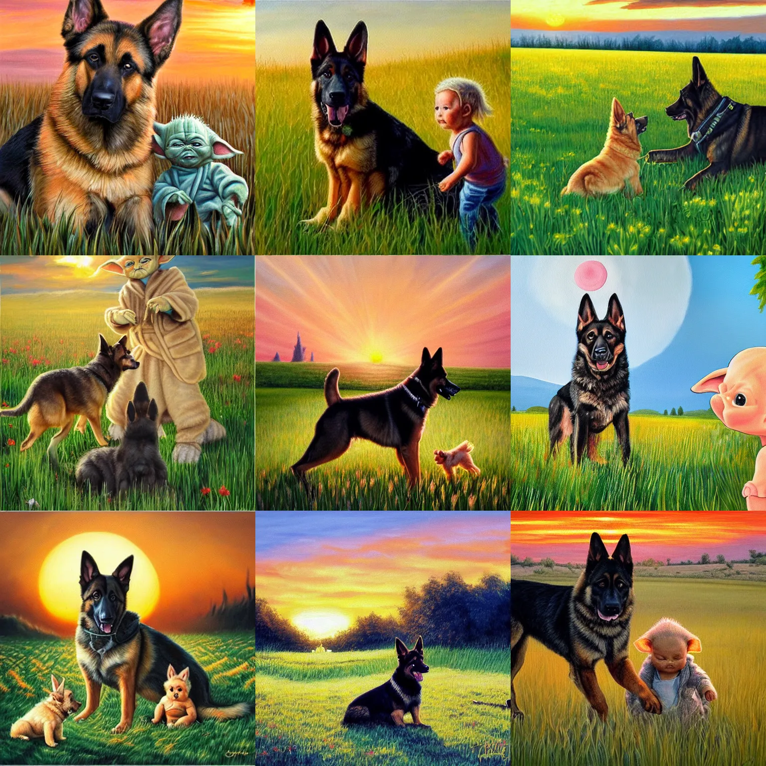 Prompt: detailed impresionist painting depicting a german shepherd dog and baby yoda in a field at sunset