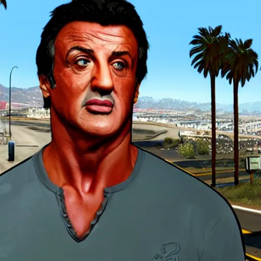 Prompt: Sylvester Stallone in GTA V . Los Santos in the background, palm trees. In the art style of Stephen Bliss.