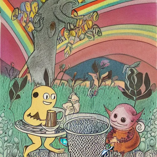 Image similar to highly detailed illustration of friendly monsters laughing and dancing around beautiful warm cups of coffee, amongst coffee beans and flowers, and rainbows in the style of Japanese illustration, Maurice Sendak, Tove Jansson