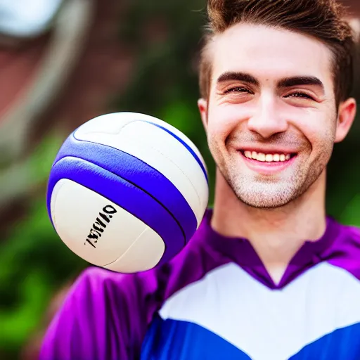 Image similar to a photographic portrait of a young Caucasian man smiling with short brown hair that sticks up in the front, blue eyes, groomed eyebrows, tapered hairline, sharp jawline, wearing a purple white volleyball jersey, sigma 85mm f/1.4, 15mm, 35mm, 4k, high resolution, 4k, 8k, hd, full color