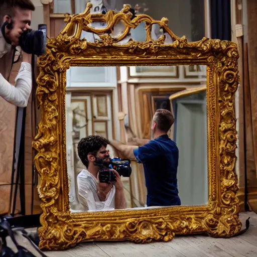 Image similar to professional direct photograph of an ornate mirror with photographer in the shot