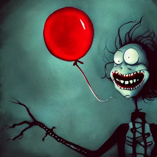 Image similar to grunge painting of a raven with a wide smile and a red balloon by tim burton, loony toons style, pennywise style, corpse bride style, rick and morty style, creepy lighting, horror theme, detailed, elegant, intricate, conceptual, volumetric light