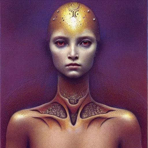 Prompt: portrait of ethereal young dragon princess in golden armour by Beksinski